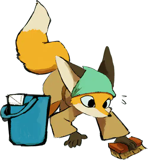 掃除をしているキツネ